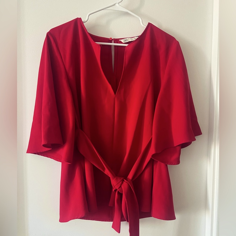Red Peplum Zara Blouse,, with short bell sleeves